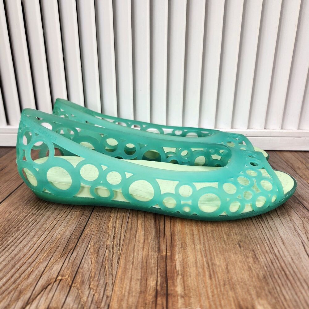 Crocs Adrina III Peep Toe Flats Womens Sz 8 Green Laser Cut Slip On Jelly Shoes